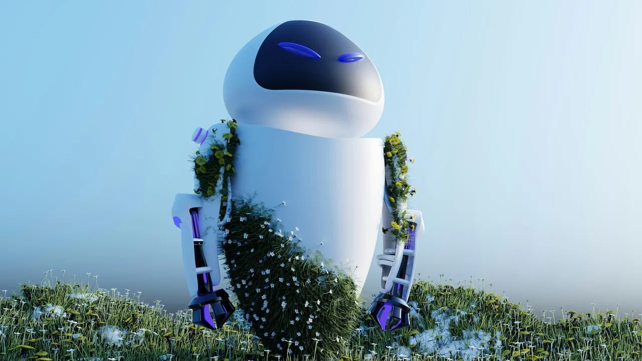 Robot blanc au milieu d'une prairie fleurie, image d'illustration de l'empreinte environnementale de l'IA
